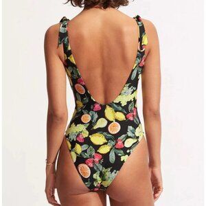 NWOT Seafolly Swimsuit Size 14 Lemoncello V-Neck Black Fruit One-Piece L50813